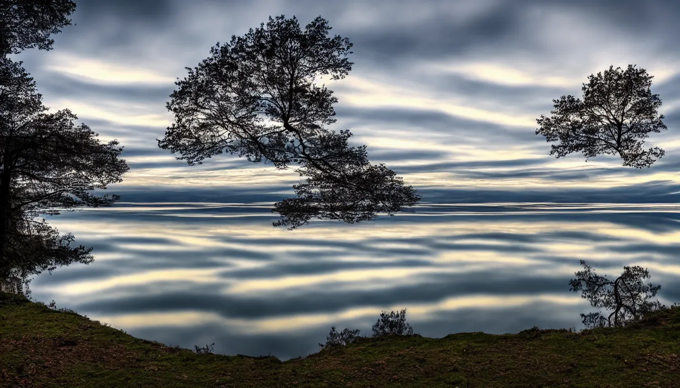 Image similar to calm lakeshore view from hill, cloud reflections, trees, nature, atmospheric, scary, claustrophobic, ambient vibe, very detailed, high resolution, 8 k