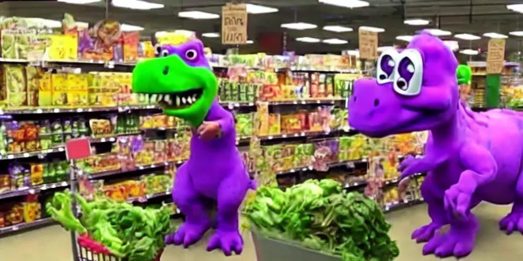 Prompt: cc - tv video of barney the dinosaur getting groceries