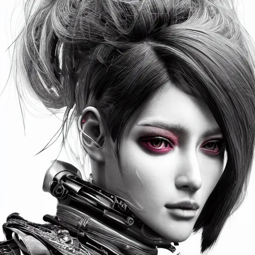 Image similar to the portrait of an absurdly beautiful, graceful, elegant, sophisticated, fashionable cyberpunk gravure idol, an ultrafine hyperdetailed illustration by kim jung gi, irakli nadar, intricate linework, bright colors, porcelain skin, unreal engine 5 highly rendered, global illumination, radiant light, detailed and intricate environment