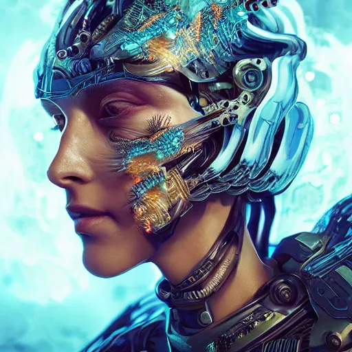 Prompt: Beautiful female cyborg close-up portrait slavic princess queen, ancient high tech, cyberpunk, dystopian, jellyfish phoenix dragon, butterfly squid, burning halo, intricate artwork by Tooth Wu and wlop and beeple, greg rutkowski and artgerm, cinematic, hyper realism, high detail, octane render, unreal engine, 8k, Vibrant colors, Smooth gradients, High contrast, depth of field, aperture f1.2