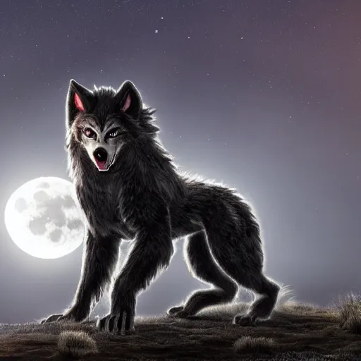 Image similar to female werewolf transformation at night with black realistic fur, under the moon, ultra detail, ultra realistic, 8 k