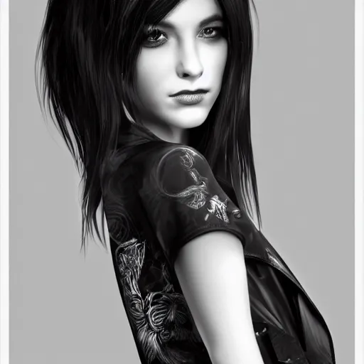 Image similar to highly detailed portrait of black and white haired girl, wearing a black jacket, intricate, cgsociety, cinematic studio lighting