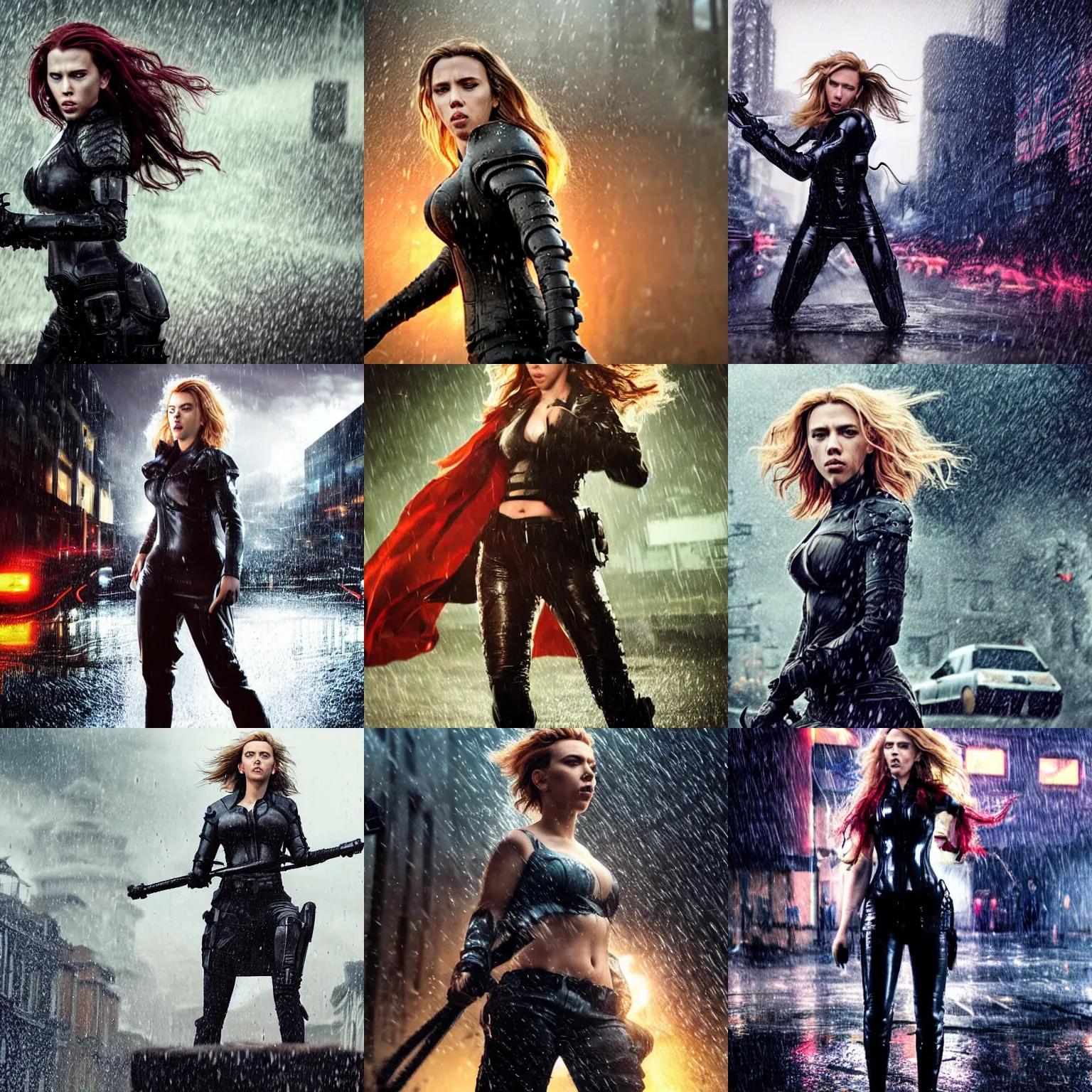 Prompt: scarlett johansson with angry expression wearing wet armour in pouring rain. hair blowing in the wind, depth of field effect, full body pose, dramatic lighting, ninja scroll anime style, full colour manga drawing, in a post apocalyptic city street with explosions in the background