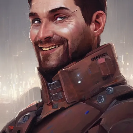 Prompt: Portrait of a man by Greg Rutkowski, he is about 30 years old, mixture between russian and turkish, quiff copper hair, attractive, uncanny smile, he is wearing a futuristic police outfit, highly detailed portrait, scifi, digital painting, artstation, concept art, smooth, sharp foccus ilustration, Artstation HQ