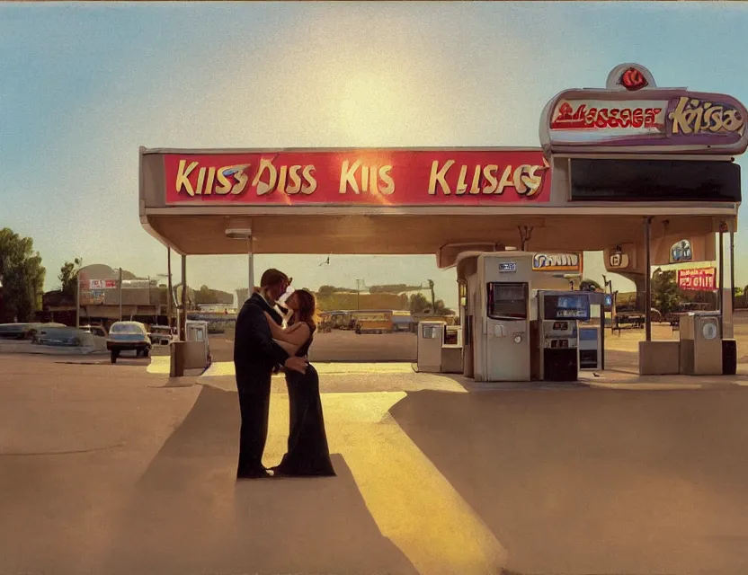 Prompt: couple on the kiss gas station near motel in the early morning, long distance photo, golden hour, bleach bypass, warm tones, beige colors, sunlight, digital 2 d, soft lights, polaroid, high - key lighting, by lisa yuskavage, by serov valentin, by krenz cushart