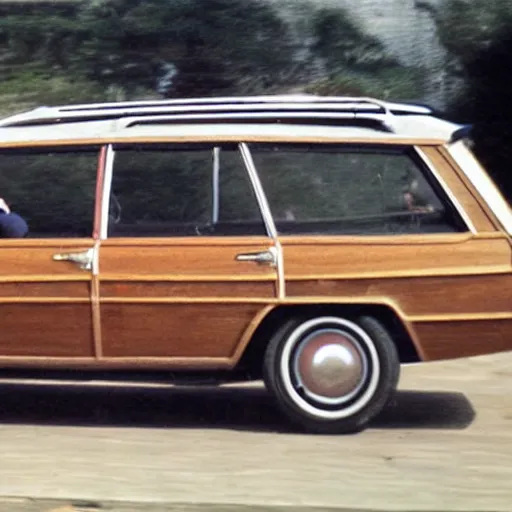 Image similar to jesus driving a kingswood station wagon