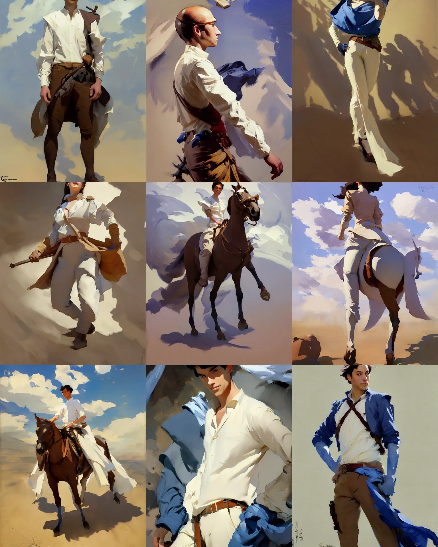 Prompt: white brown blue cloth fabric jodhpurs greg manchess painting by sargent and leyendecker, studio ghibli, fantasy, medium shot, asymmetrical, intricate, elegant, matte painting, illustration, hearthstone, by greg rutkowski, by greg tocchini, by james gilleard, by joe fenton