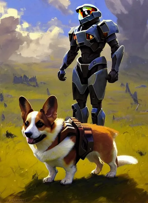 Prompt: Greg Manchess painting of a Corgi from Metroid Prime wearing Forerunner Armor from Halo, countryside, calm, fantasy character portrait, dynamic pose, above view, sunny day, thunder clouds in the sky, artwork by Jeremy Lipkin and Giuseppe Dangelico Pino and Michael Garmash and Rob Rey, very coherent asymmetrical artwork, sharp edges, perfect face, simple form, 100mm