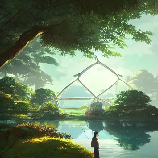 Image similar to geodesic dome in front of a lake with gardens and waterfall, gapmoe kuudere moody lighting stunning bokeh highlights sharp contrast | trending pixiv fanbox | by greg rutkowski makoto shinkai takashi takeuchi studio ghibli