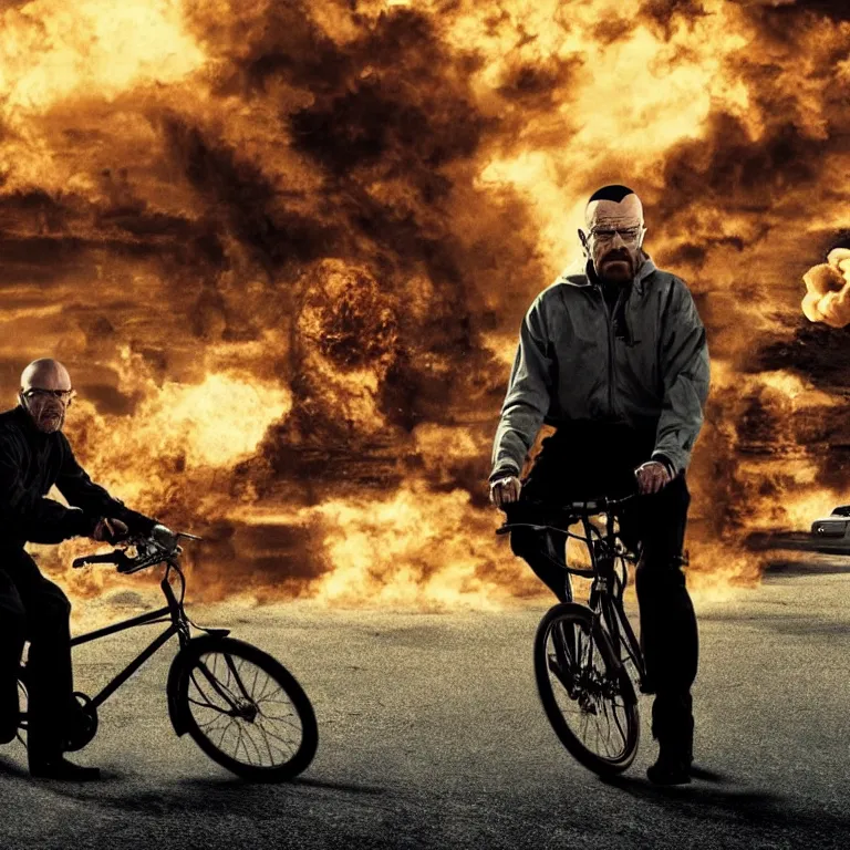 Image similar to photo of walter white riding a bike with an exploding building behind him, color, cinematic lighting