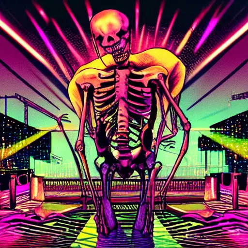 Image similar to a skeleton going ham on a synthesizer in a night club, outrun, synthwave, vaporwave