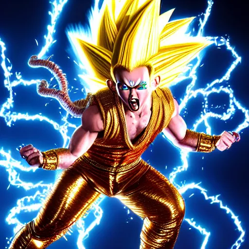 Image similar to uhd photorealistic detailed image of max current, the rock and roll emperor, dressed as super saiyan emperor, powering up, wearing extremely intricate hair metal costume and makeup, by ayami kojima, amano, and karol bak