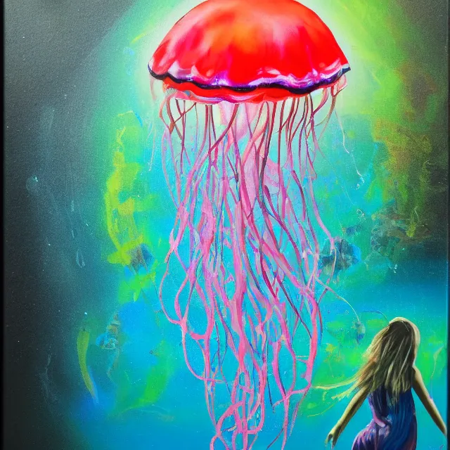 Prompt: jellyfish, tiny woman in a fish tank, surrealism, acrylic and spray paint and oilstick on canvas