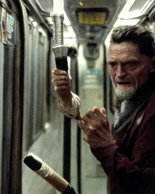 Image similar to movie villain, actor david patrick kelly, 2 5 years old, practicing with his glowing nunchucks while riding a post apocalyptic subway train filled with mutants, movie dreamscape
