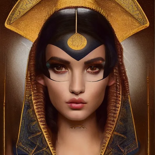 Image similar to tom bagshaw, very beautiful genetic mix of dove cameron madison beer bella poarch in a priestess egyptian dress, randomly lustrous colored hair, egyptian makeup, professionally retouched, focus eyes, ultra realistic soft painting, insanely detailed linework, symmetrical accurate intricate features, behance artstation, 8 k