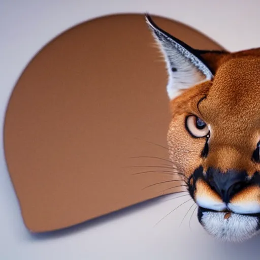 Image similar to A delicious steamed bun in the shape of caracal. Studio lighting, High resolution, high quality, dark background