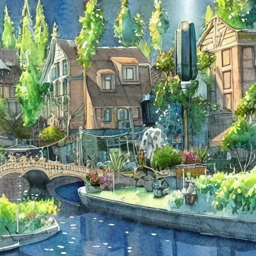 Prompt: Beautiful happy picturesque charming sci-fi town in harmony with nature. Beautiful light. Water and plants. Nice colour scheme, soft warm colour. Beautiful detailed watercolor by Lurid. (2022)