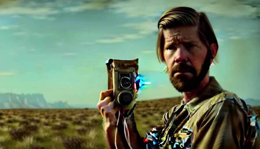 Image similar to lone survivor man holding a radio!! in post - apocalyptic nature landscape. movie screenshot. lush composition by wes anderson, shallow depth of field, cinematic. cinematic composition