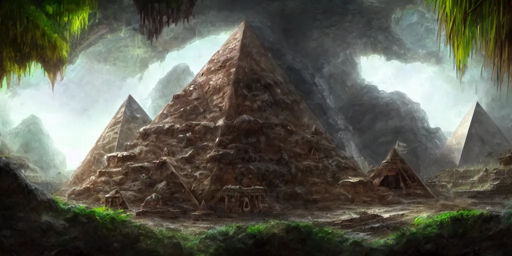 Image similar to a lone chrome pyramid sits inside a rusted cave mouth in the jungle, matte oil painting, merchant tents, ancient world, canyons, science fantasy, rpg, epic, extremely detailed, sharp focus, 4 k
