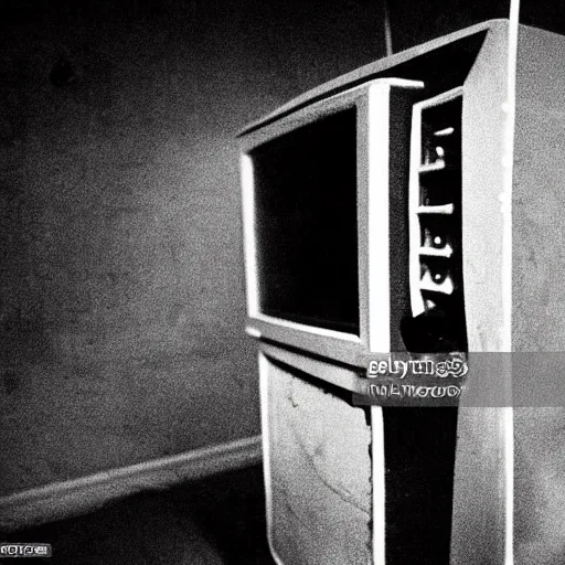 Prompt: news footage of a ghost robbing a bank being played on an old television in a dark basement, hi - res photo