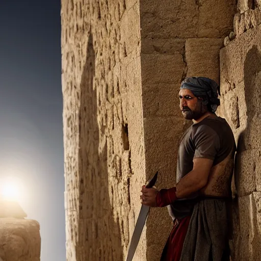 Image similar to award winning cinematic still of 40 year old Mediterranean skinned man in Ancient Canaanite clothing building a wall in Jerusalem, holding a sword and a chisel, dramatic lighting, strong shadows, directed by Peter Jackson