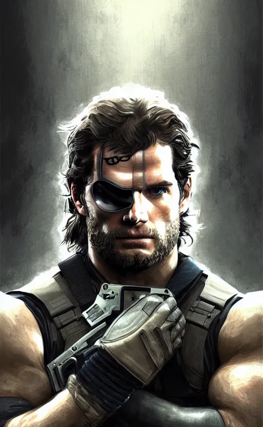 Image similar to portrait of henry cavill as solid snake, eye patch, metal gear solid, upper body,, henry cavill!!!, fantasy, intricate, elegant, highly detailed, digital painting, artstation, concept art, smooth, sharp focus, illustration, art by artgerm and greg rutkowski and alphonse mucha