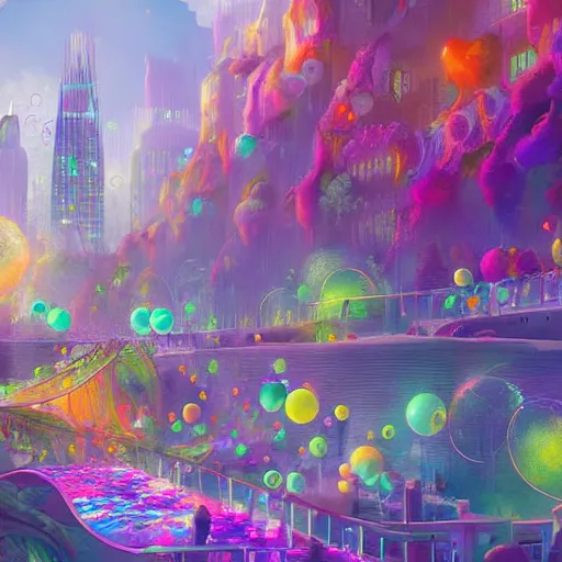 Image similar to a utopian city, filled with extremely colorful fauna, with bubbles floating around everywhere, dynamic lighting, fantasy concept art, trending on art station, stunning visuals, creative, cinematic, ultra detailed