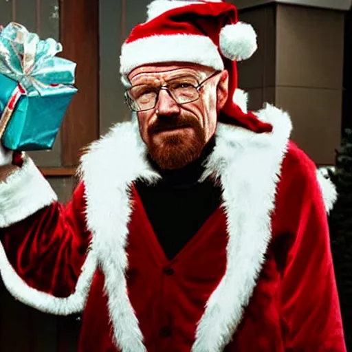 Prompt: walter white dressed as santa claus