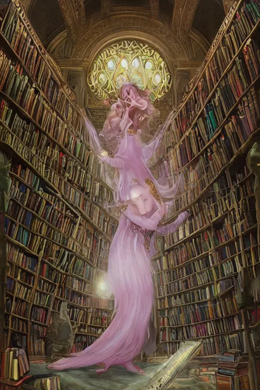 Prompt: elaborately hyper detailed comic illustration of an extremely beautiful arcane witch in a library with her cat surrounded by books, a mist and ethereal pink bubbles, regal, Art Noveau, Aetherpunk, atmospheric lighting, dreamscape maximized, high fantasy professionally painted digital art painting, smooth, sharp focus, highly detailed illustration highlights, backlight, golden ratio, 8K detail post-processing, symmetrical facial features, rich deep moody colors, award winning picture, featured on DeviantArt, trending on cgsociety