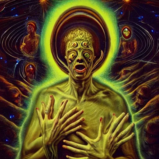 Image similar to the transcendent being embodying fundamental fear from the outer space, photorealistic, detailed photography, divinity, awful, cosmic horror, religious art