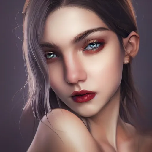 Image similar to a stunning artstation style portrait painting of grace charis, in the style of WLOP, eyes completely white, 8k masterpiece, curvy, slim build, full body, wide view cinematic lighting, pristine clean design, realistic, irresistable, insanely detailed, photo overlay of hypnotic spiral,