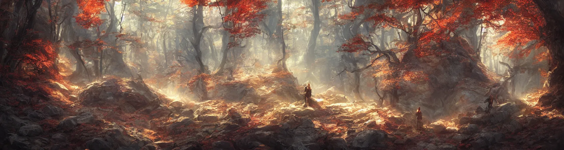 Image similar to cave in autumnal forest, d & d, fantasy, portrait, highly detailed, digital painting, trending on artstation, concept art, sharp focus, illustration, art by artgerm and greg rutkowski and magali villeneuve