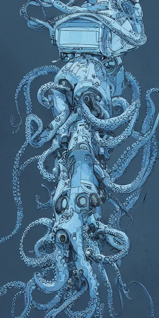 Image similar to robotic octopus, style of james jean and laurie greasley and greg rutkowski, dynamic composition, dramatic lighting, hyper - realistic, ultra detailed, 8 k