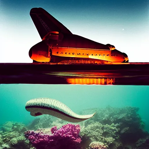 Prompt: dreamlike film photography of a 1920s wooden space shuttle at night underwater in front of colourful underwater clouds by Kim Keever. In the foreground floats a seasnake. low shutter speed, 35mm