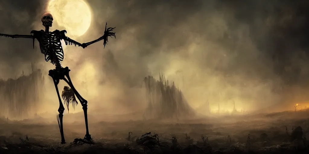 Prompt: a tall,scary and slender skeleton with soft and luminous colors dances in an apocalyptic landscape with vapor and smoke in twilight, darkart, hyperdetailed, hyperealistic,cinematography, 8k,Artstation, Deviantart, beautiful -1024