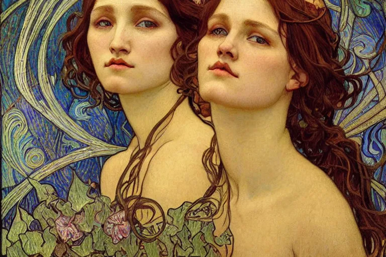 Image similar to detailed realistic beautiful young medieval queen face portrait by jean delville, alphonse mucha, vincent van gogh, and marco mazzoni, art nouveau, symbolist, visionary, gothic, pre - raphaelite
