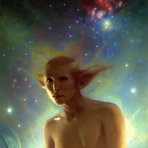 Prompt: hyperrealist portrait of an ancient alien with large cruel intelligent eyes standing in front of a nebula by jeremy mann and alphonse mucha and alan lee, fantasy art, photo realistic, dynamic lighting, artstation, poster, volumetric lighting, very detailed faces, award winning, full face, symmetry