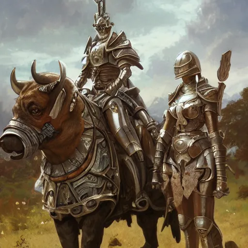 Image similar to group of humanoids with pug heads with stern expressions dressed in armor going to battle english countryside, ssci - fi and fantasy, intricate and very very beautiful and elegant, highly detailed, digital painting, artstation, concept art, smooth and sharp focus, illustration, art by tian zi and wlop and alphonse mucha