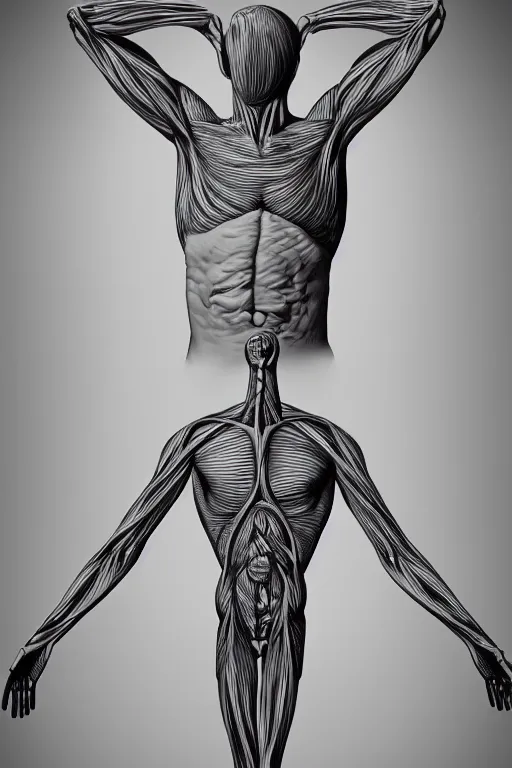 Prompt: a disturbingly realistic photograph of a mans body branching fractally indefinitely into geometric shapes, accurate anatomy, a study on anatomy