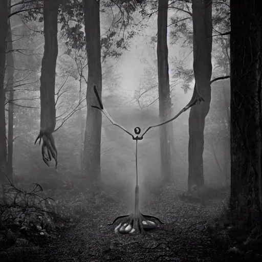Prompt: disturbing creature with ghoulish face and long appendages, in a forest, black and white, realistic, with creepy fog
