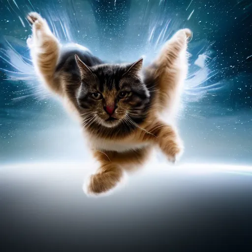 Image similar to photo of hyperspeed flying through space cat running fast with motion blur