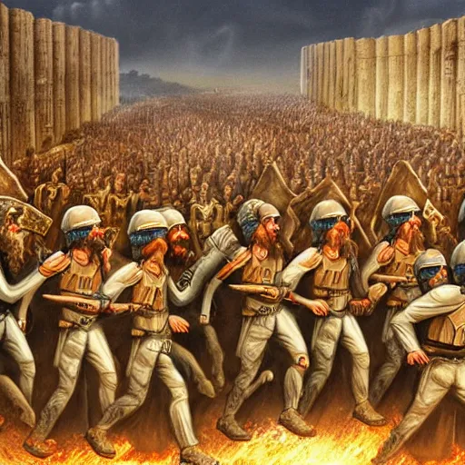 Image similar to the army of ancient Israel marching behind the ark of the covenant around the walls of ancient Jericho, Getting Attacked by a hoard of zombies, 8k high detail