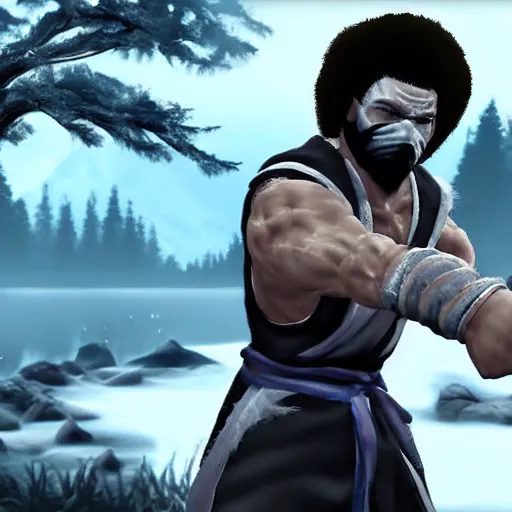 Image similar to Bob Ross Mortal Kombat performing fatality, unreal engine, 8k highly detailed