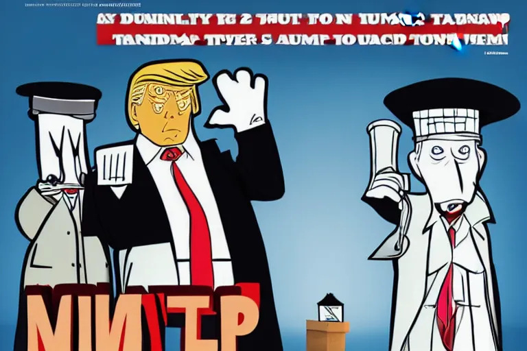 Image similar to 2 d poster illlustration donald trump and donald trump wearing trenchcoats and black floppy spy hats, stacks of boxes everywhere and a safe broken open for the movie spy vs spy