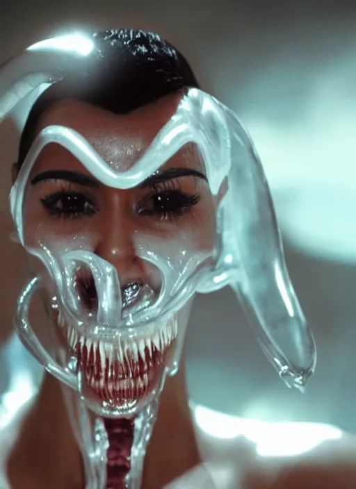 Image similar to film still of kim kardashian ingesting alien slime from the mouth of an xenomorph, transparent goo, transparent liquid, saliva, 8 k