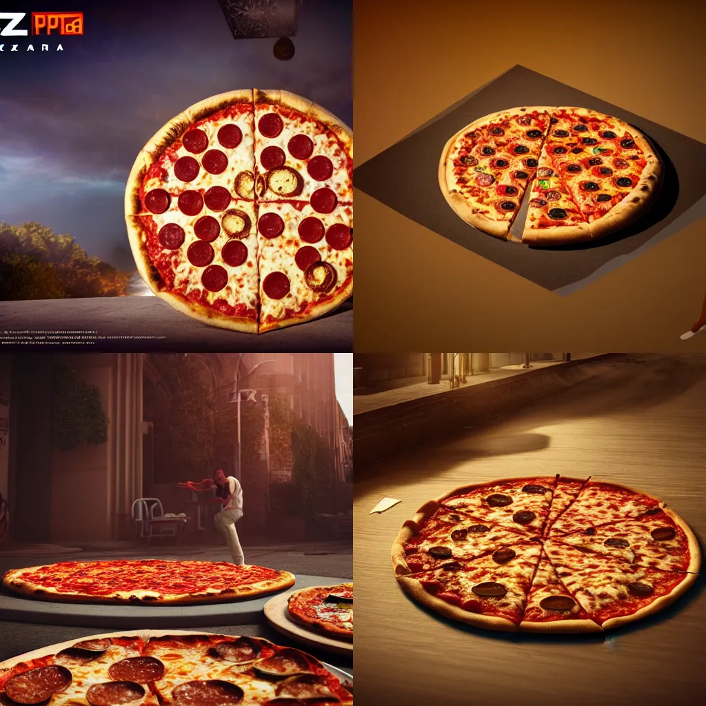 Prompt: pizza God cinematic, volumetric lighting, dramatic ambient lighting, sunlight, shadows, Epic composition. hyper realism, high detail, octane render, unreal engine, 8k, Vibrant colors, Smooth gradients, High contrast, depth of field