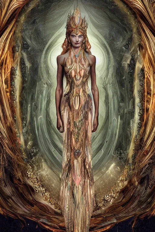 Image similar to a realistic moody photo of a beautiful ancient alien woman goddess kate moss durga standing in iris van herpen dress jewelery and fractals in style of alphonse mucha art nuvo dmt trending on artstation made in unreal engine 4