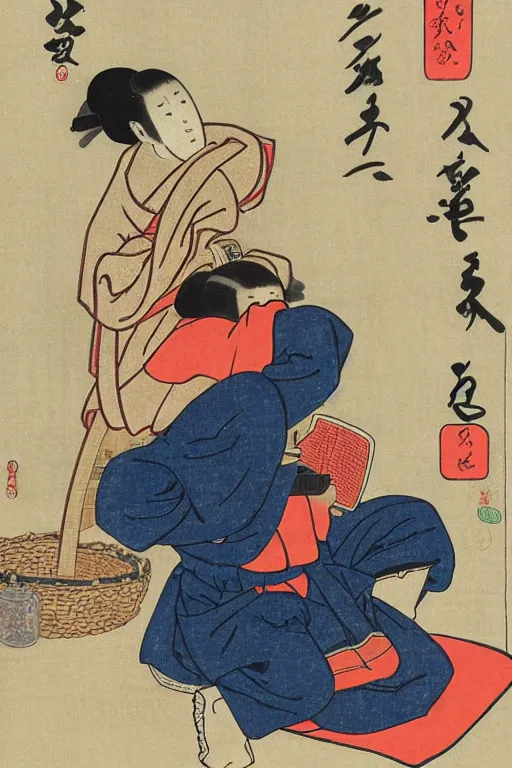 Prompt: Ukiyo-e art of gopnik squatting under birch