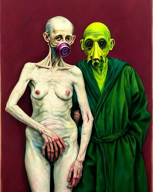 Image similar to two skinny old people with extra limbs, wearing gas masks and robes of gold, green and pink, cinematic, dystopian, eerie, horror, gothic, highly detailed painting by Jenny Saville, Esao Andrews, Francis Bacon, !!!Edward Hopper!!! surrealism, art by Takato Yamamoto and James Jean