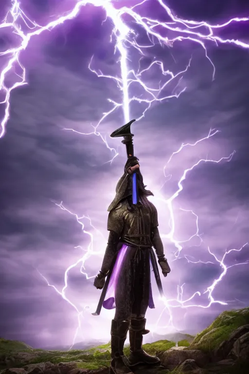 Image similar to hyper realistic wizard holding a sword that’s pointed towards the sky, getting shocked by purple lightning, standing on a mountaintop, octane, trending on artstation, hyper realistic, highly detailed, unreal engine, amazing depth of field, 8k